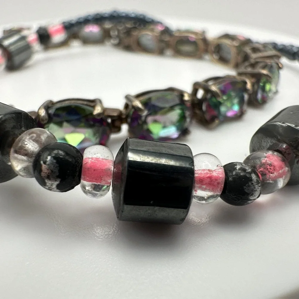 Vintage 90's Black & Pink Hematite Magnetic‎ Necklace & Wrap Bracelet Set Retro